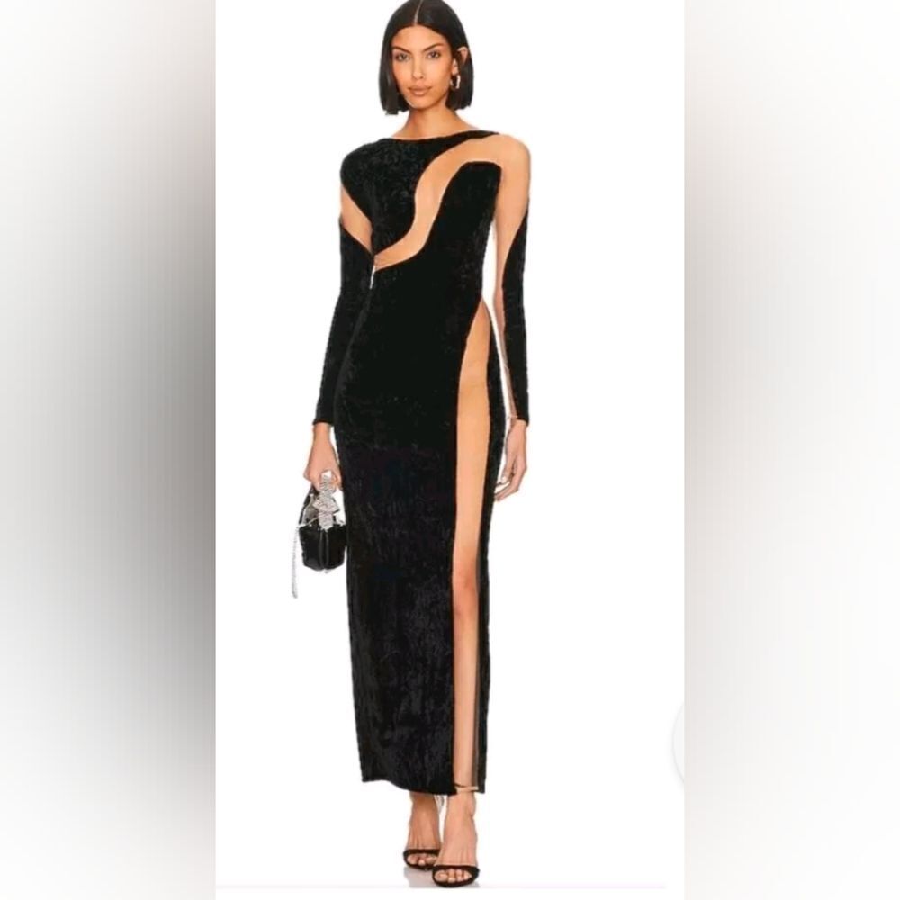 NBD Fareena Long Sleeve Mesh Sheer Formal Black Velvet Maxi Dress Sz XS NWT $238